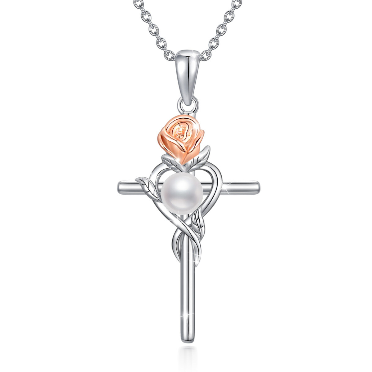 Sterling Silver Two-tone Circular Shaped Pearl Rose & Cross & Infinity Symbol Pendant Necklace-1