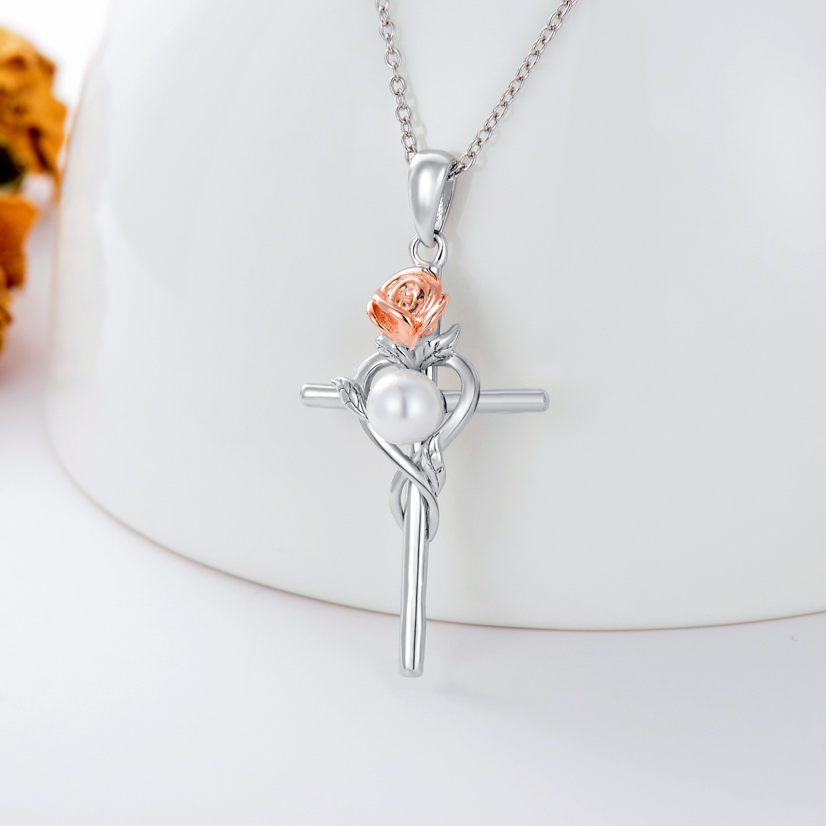 Collier en argent sterling avec perles de forme circulaire, rose, croix et symbole de l'in-3