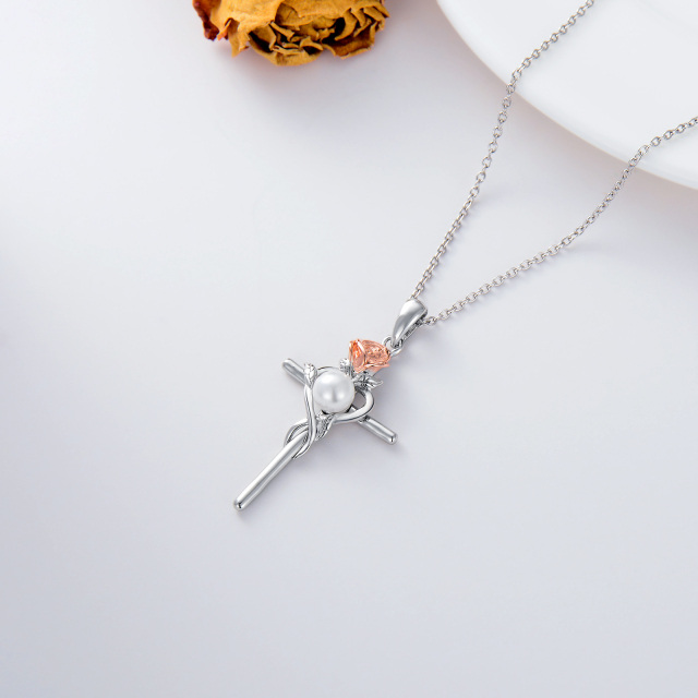 Collier en argent sterling avec perles de forme circulaire, rose, croix et symbole de l'in-4