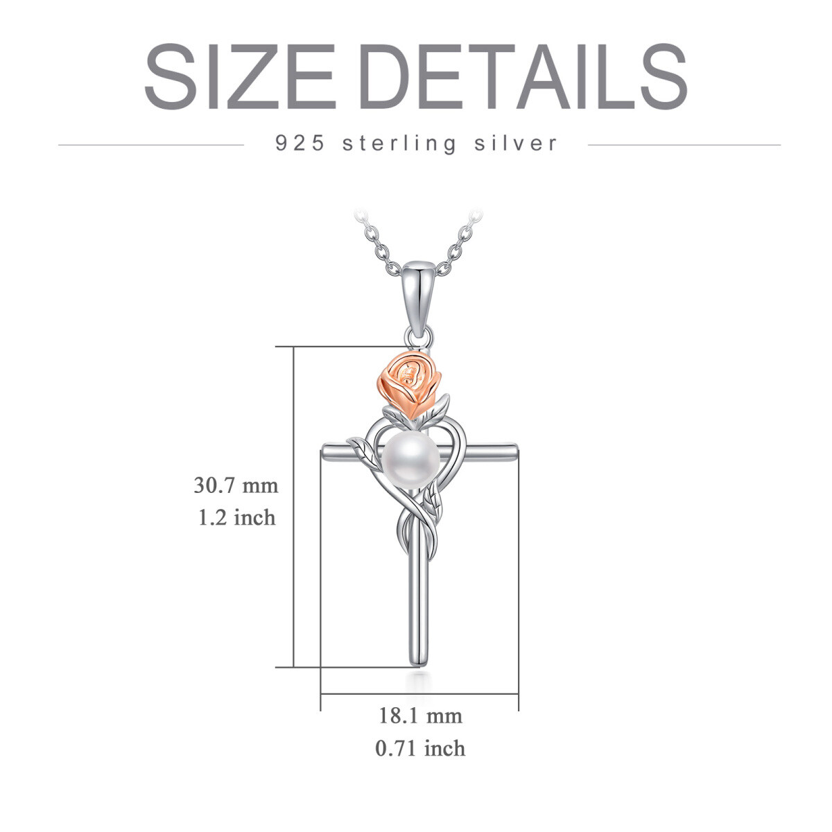 Sterling Silver Two-tone Circular Shaped Pearl Rose & Cross & Infinity Symbol Pendant Necklace-5