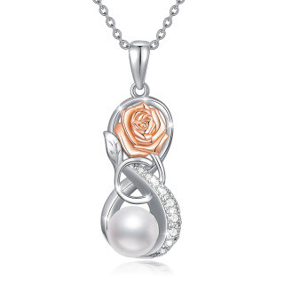 Sterling Silver Two-tone Circular Shaped Pearl Rose & Infinity Symbol Pendant Necklace-27