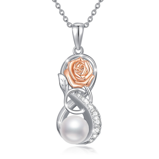 Sterling Silver Two-tone Circular Shaped Pearl Rose & Infinity Symbol Pendant Necklace-4