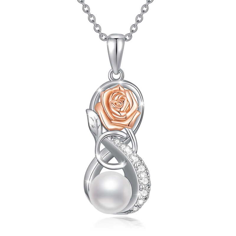 Sterling Silver Two-tone Circular Shaped Pearl Rose & Infinity Symbol Pendant Necklace-27