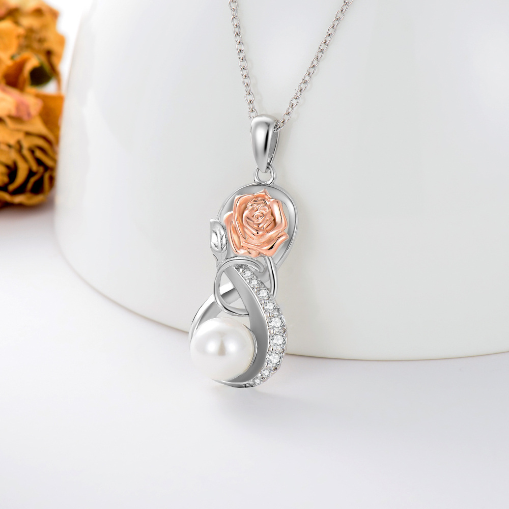 Sterling Silver Two-tone Circular Shaped Pearl Rose & Infinity Symbol Pendant Necklace-3