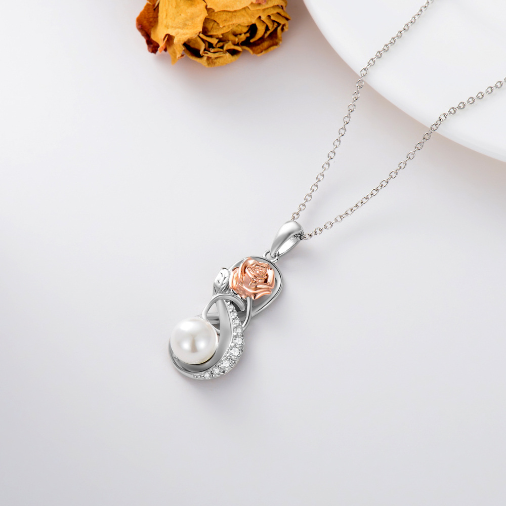 Sterling Silver Two-tone Circular Shaped Pearl Rose & Infinity Symbol Pendant Necklace-4