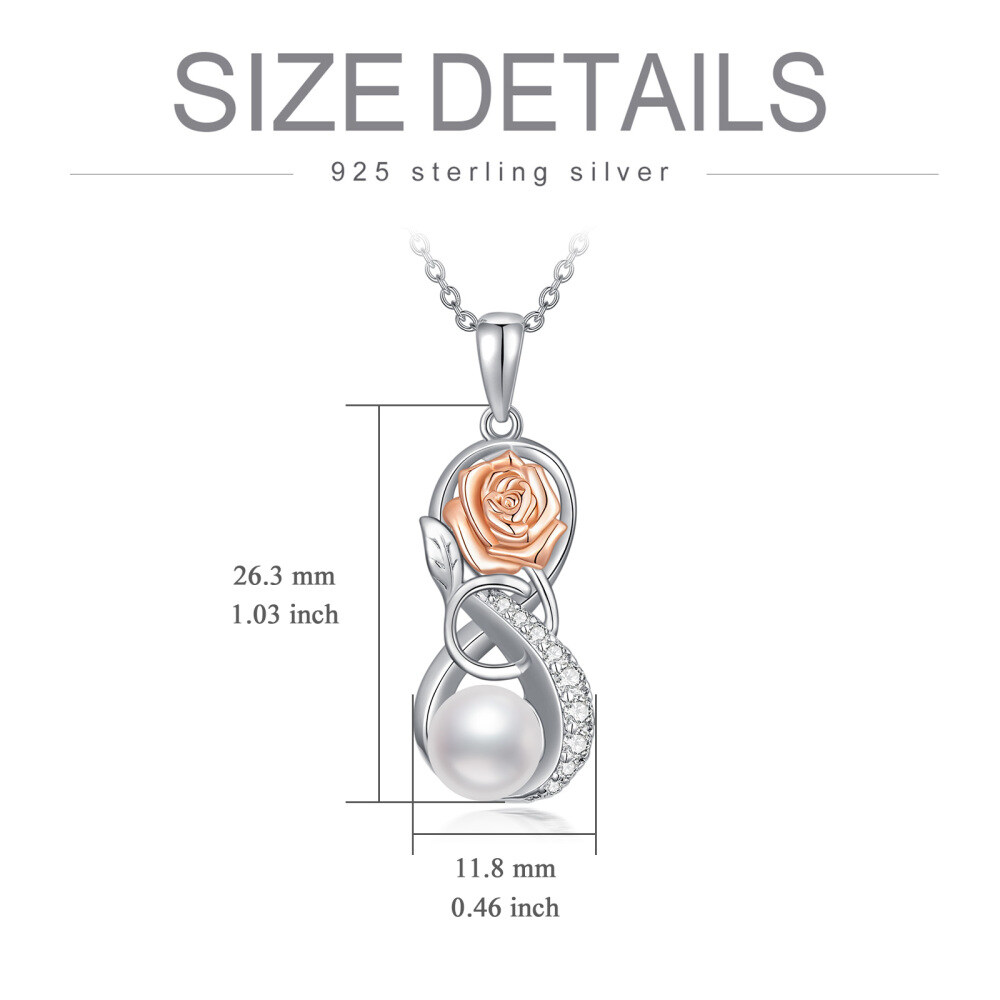Sterling Silver Two-tone Circular Shaped Pearl Rose & Infinity Symbol Pendant Necklace-5