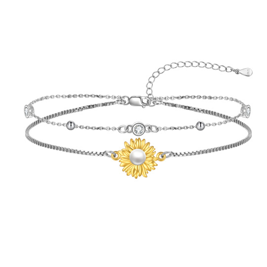 Sterling Silver Two-tone Circular Shaped Pearl Sunflower Layerered Bracelet-2