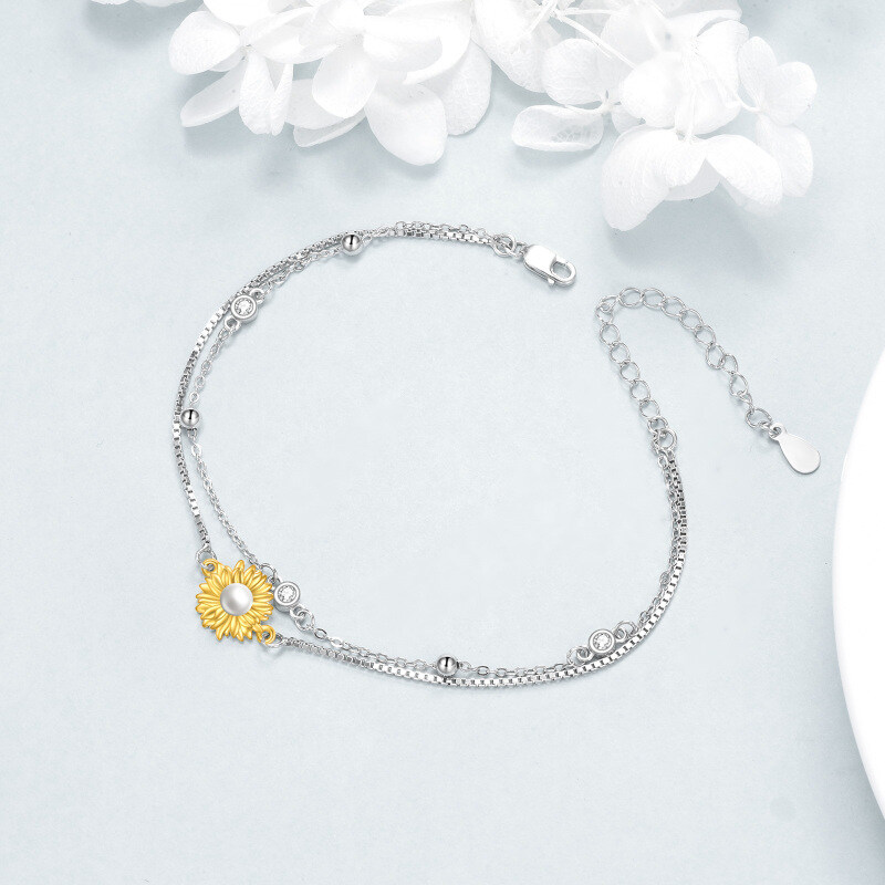 Sterling Silver Two-tone Circular Shaped Pearl Sunflower Layerered Bracelet-4