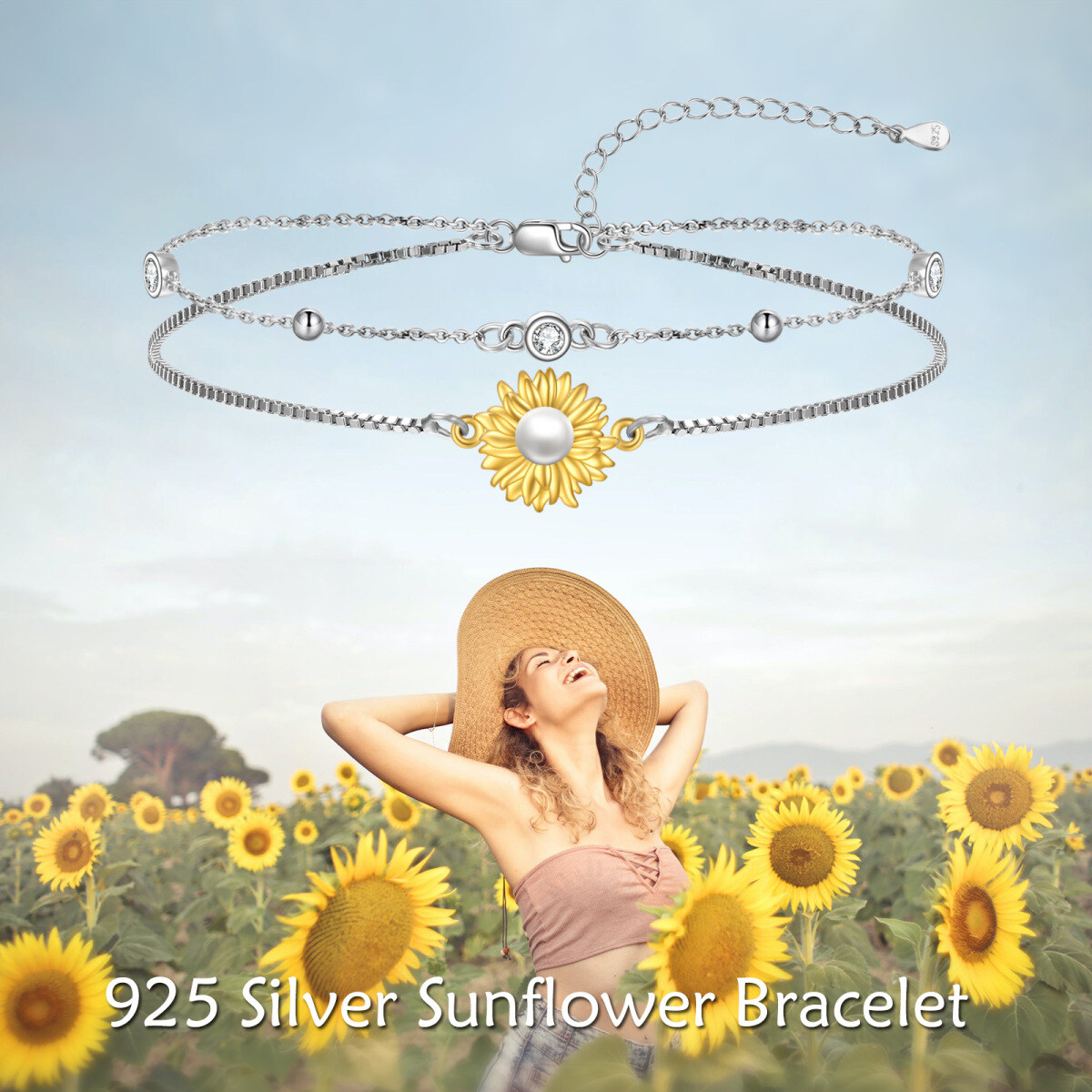 Sterling Silver Two-tone Circular Shaped Pearl Sunflower Layerered Bracelet-5