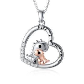 Sterling Silver Two-tone Circular Shaped Cubic Zirconia Pendant Necklace with Engraved Word-56