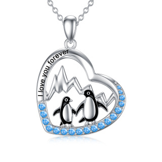 Sterling Silver Two-tone Circular Shaped Cubic Zirconia Penguin & Heart Pendant Necklace with Engraved Word-12