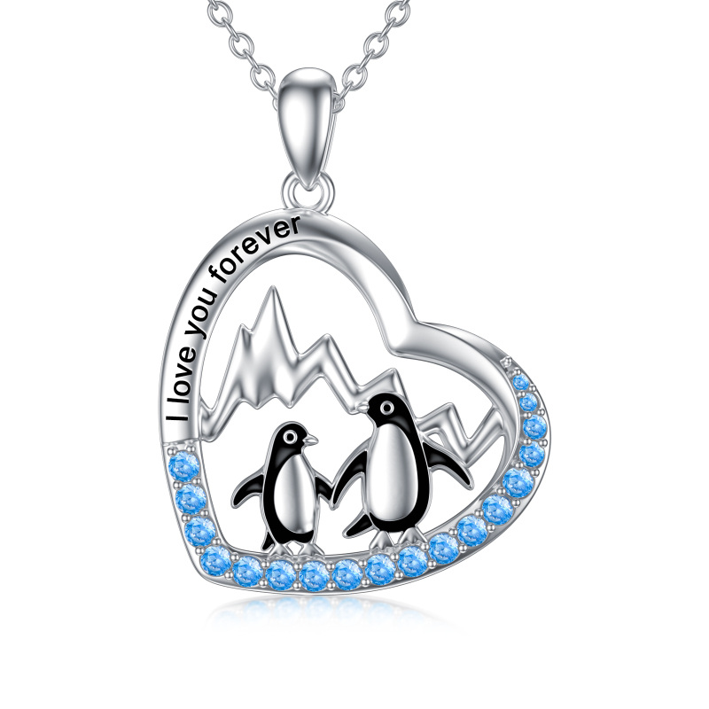 Collana bicolore in argento sterling con ciondolo circolare a forma di cuore e pinguino con parola incisa-14