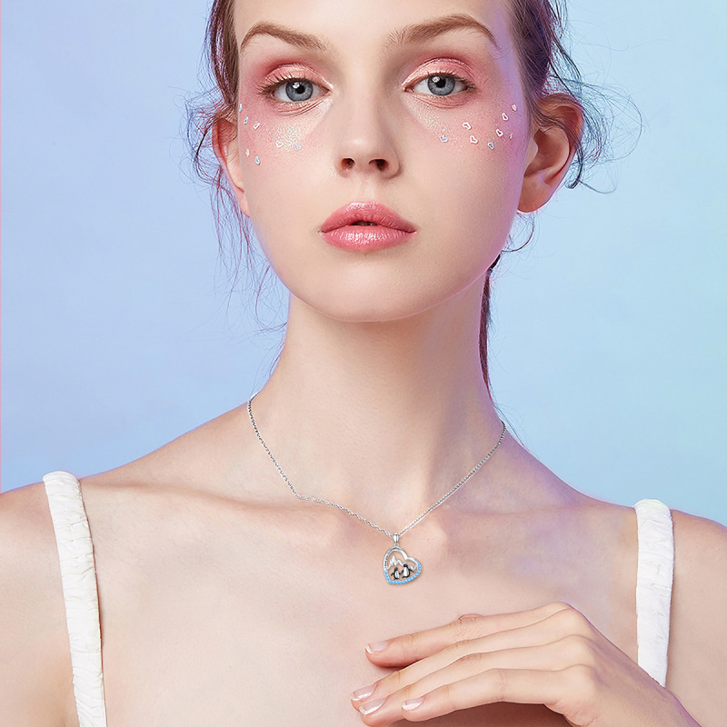 Sterling Silver Two-tone Circular Shaped Cubic Zirconia Penguin & Heart Pendant Necklace with Engraved Word-2