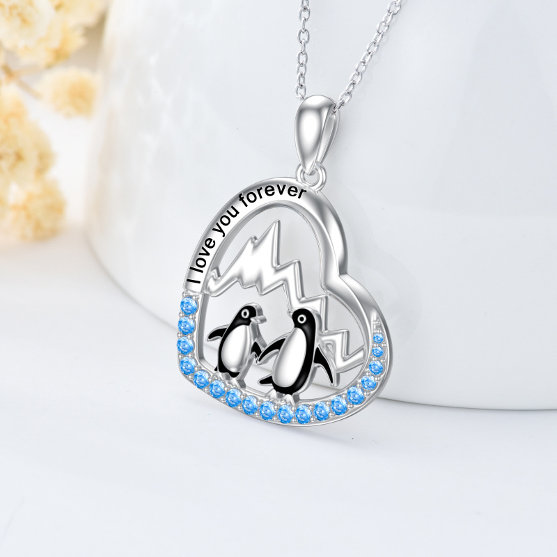Sterling Silver Two-tone Circular Shaped Cubic Zirconia Penguin & Heart Pendant Necklace with Engraved Word-3