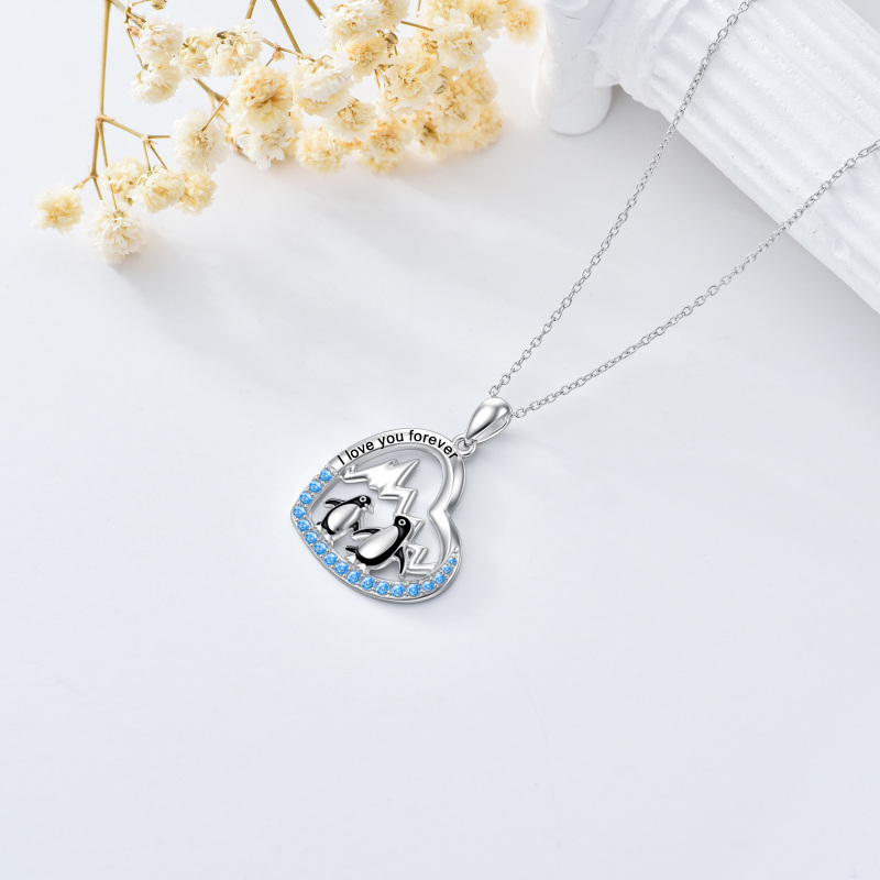 Sterling Silver Two-tone Circular Shaped Cubic Zirconia Penguin & Heart Pendant Necklace with Engraved Word-4