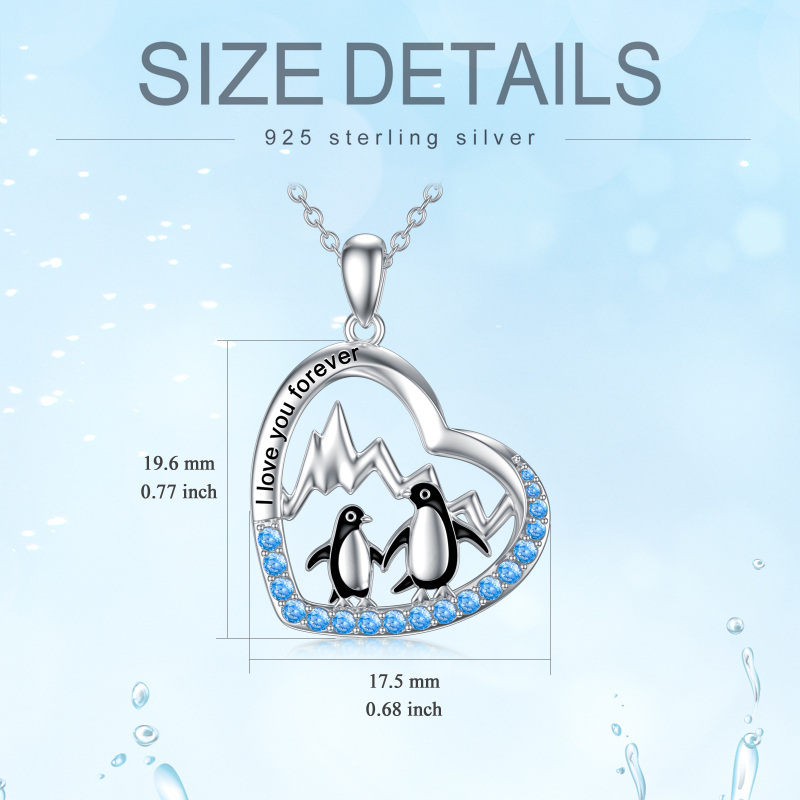 Sterling Silver Two-tone Circular Shaped Cubic Zirconia Penguin & Heart Pendant Necklace with Engraved Word-5