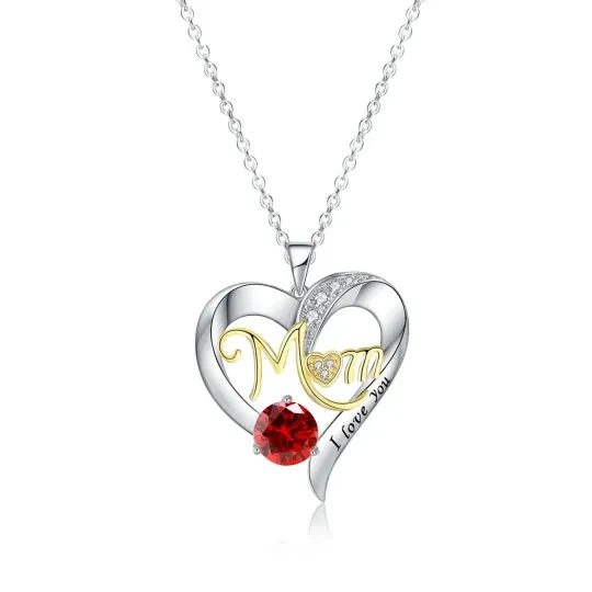 Sterling Silver Two-tone Circular Shaped Cubic Zirconia Personalized Birthstone & Heart Pendant Necklace with Engraved Word