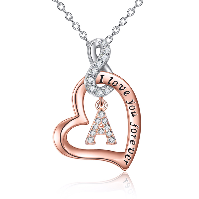 Collana in argento sterling bicolore a forma di circolare con zircone iniziale personalizzata e ciondolo a forma di lettera con parola incisa