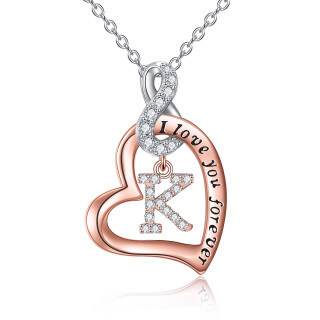 Sterling Silver Two-tone Circular Shaped Cubic Zirconia Personalized Initial Letter Pendant Necklace with Engraved Word-10
