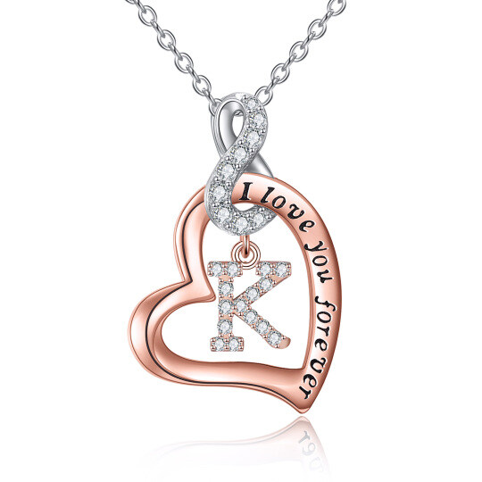 Sterling Silver Two-tone Circular Shaped Cubic Zirconia Personalized Initial Letter Pendant Necklace with Engraved Word