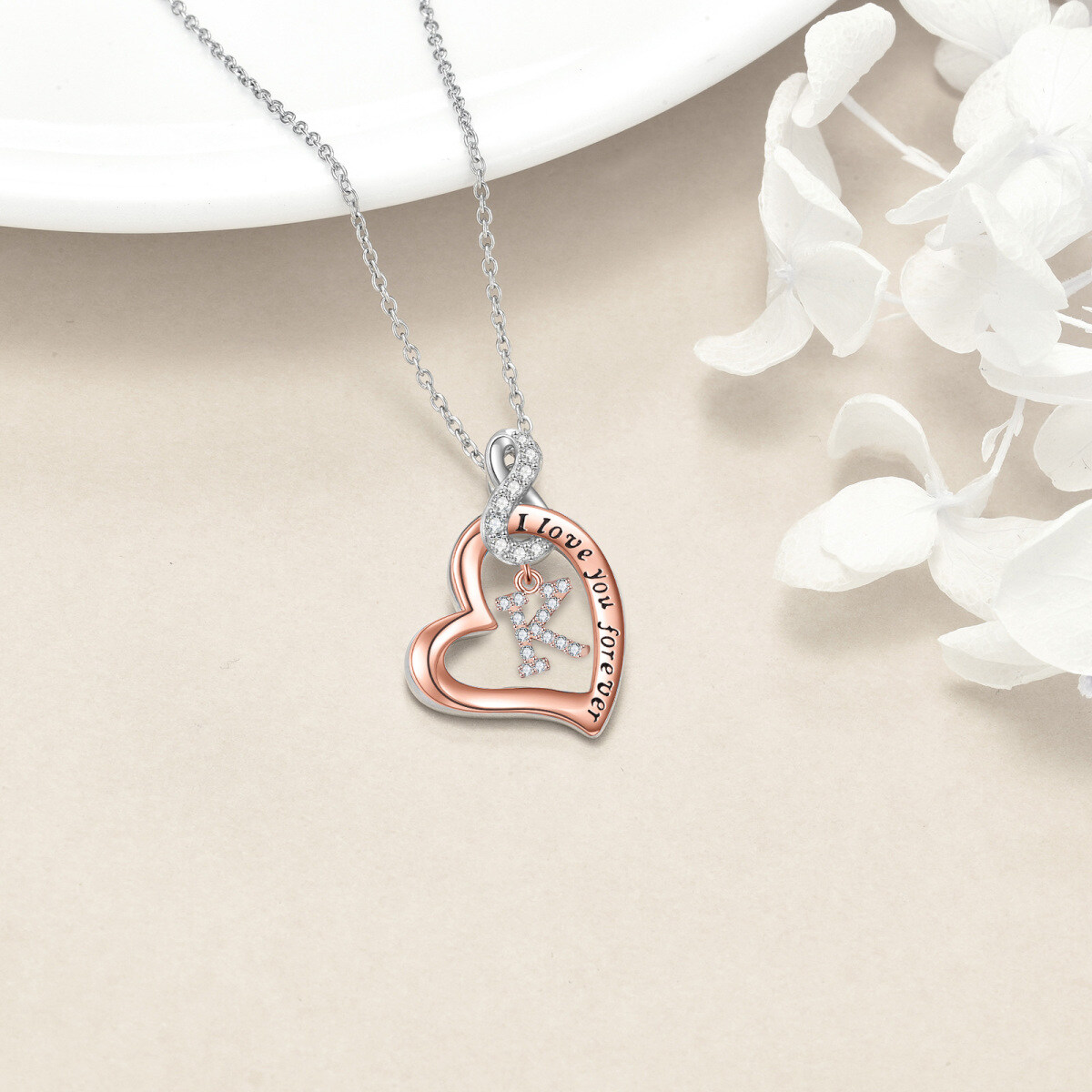 Sterling Silver Two-tone Circular Shaped Cubic Zirconia Personalized Initial Letter Pendant Necklace with Engraved Word-4