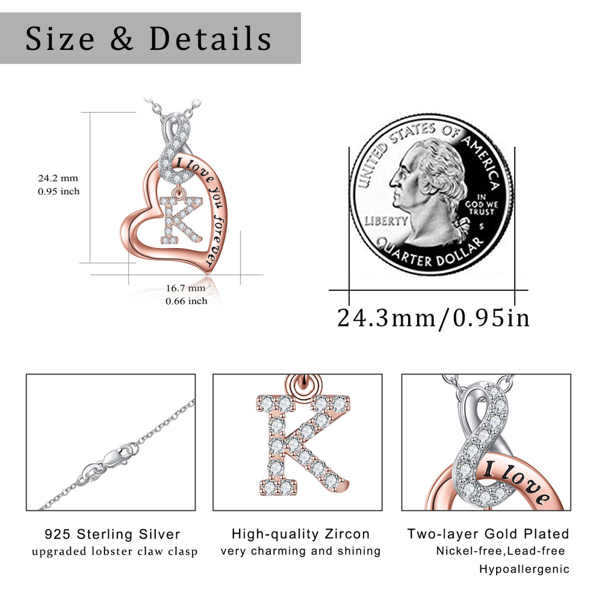 Sterling Silver Two-tone Circular Shaped Cubic Zirconia Personalized Initial Letter Pendant Necklace with Engraved Word-5