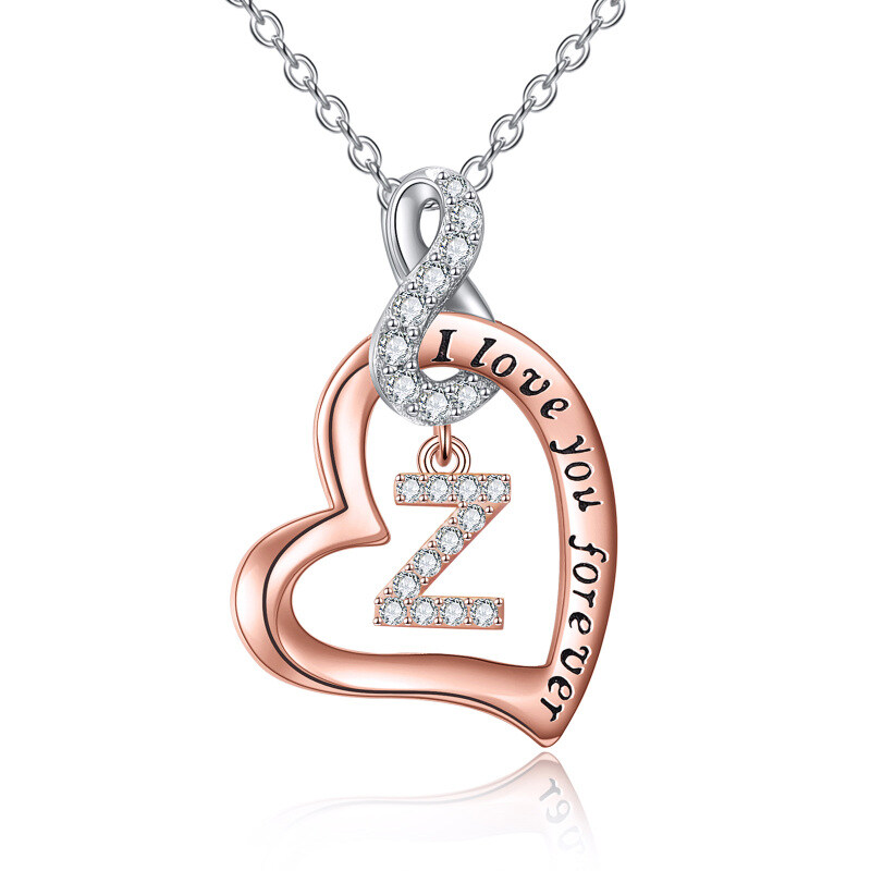 Sterling Silver Two-tone Circular Shaped Cubic Zirconia Personalized Initial Letter Pendant Necklace with Engraved Word-4