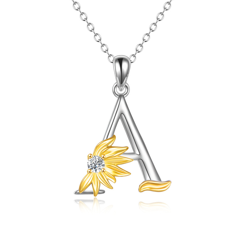 Sterling Silver Two-Tone Circular Cubic Zirconia Personalized Initial Letter A Sunflower Pendant Necklace For Women-1