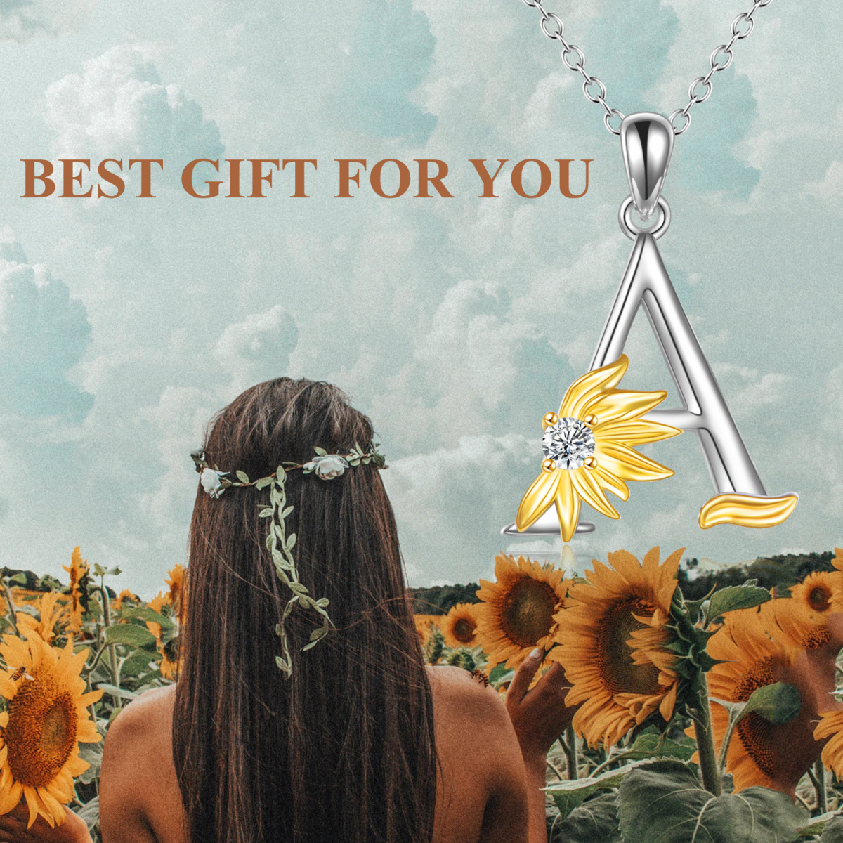 Sterling Silver Two-tone Circular Shaped Cubic Zirconia & Personalized Initial Letter Sunflower Pendant Necklace with Initial Letter A-6