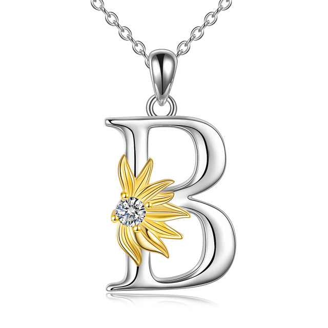 Sterling Silver Two-tone Circular Shaped Cubic Zirconia & Personalized Initial Letter Sunflower Pendant Necklace with Initial Letter B-1