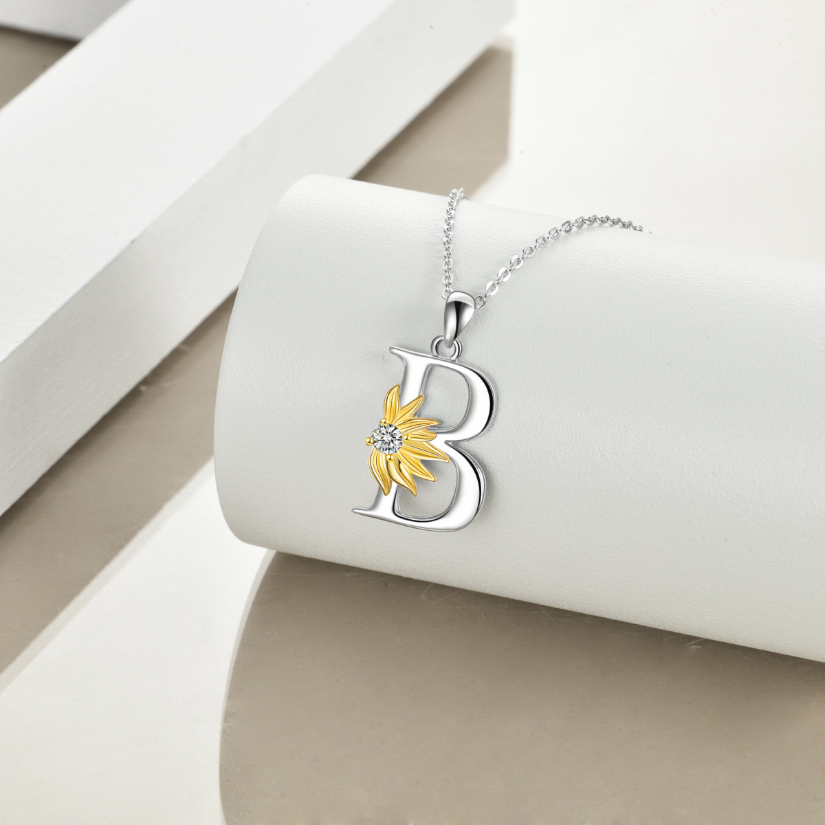 Sterling Silver Two-tone Circular Shaped Cubic Zirconia & Personalized Initial Letter Sunflower Pendant Necklace with Initial Letter B-3