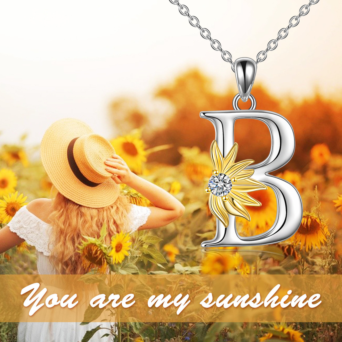 Sterling Silver Two-tone Circular Shaped Cubic Zirconia & Personalized Initial Letter Sunflower Pendant Necklace with Initial Letter B-6