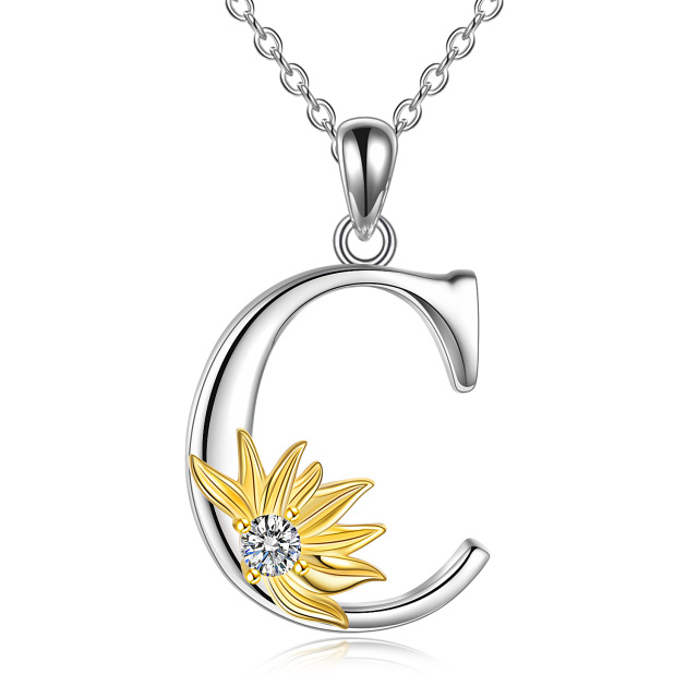 Sterling Silver Two-tone Circular Shaped Cubic Zirconia & Personalized Initial Letter Sunflower Pendant Necklace with Initial Letter C-1