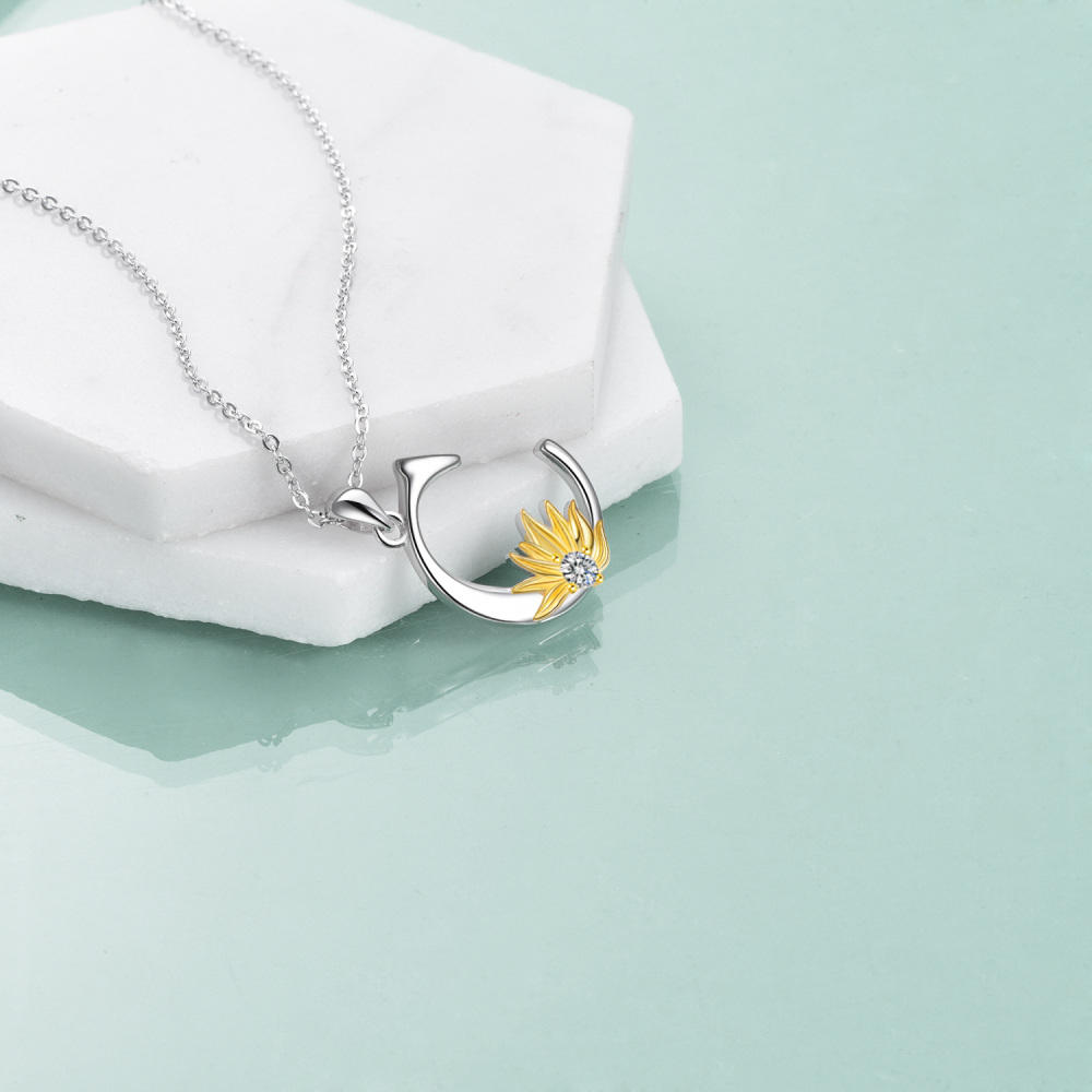 Sterling Silver Two-Tone Circular Cubic Zirconia Personalized Initial Letter C Sunflower Pendant Necklace For Women-4