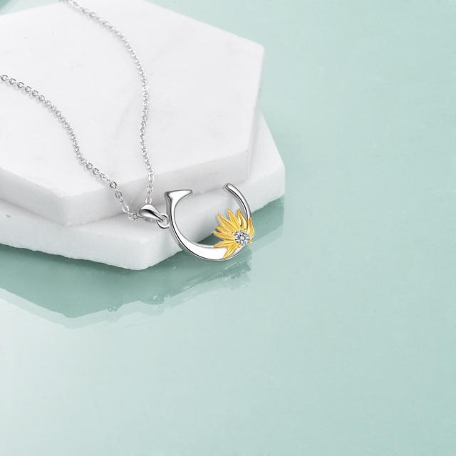 Sterling Silver Two-tone Circular Shaped Cubic Zirconia & Personalized Initial Letter Sunflower Pendant Necklace with Initial Letter C-4