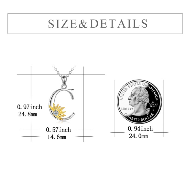 Sterling Silver Two-tone Circular Shaped Cubic Zirconia & Personalized Initial Letter Sunflower Pendant Necklace with Initial Letter C-5