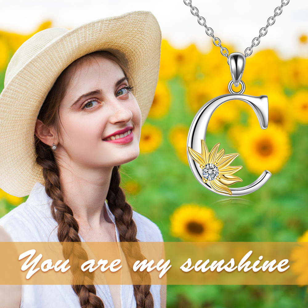 Sterling Silver Two-Tone Circular Cubic Zirconia Personalized Initial Letter C Sunflower Pendant Necklace For Women-6