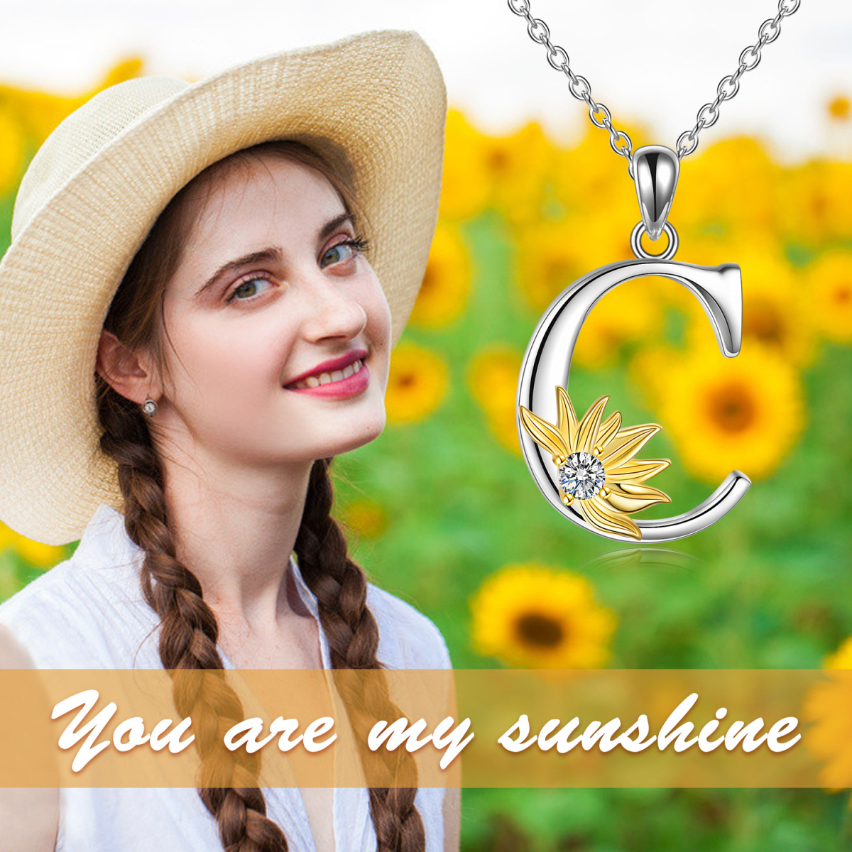 Sterling Silver Two-tone Circular Shaped Cubic Zirconia & Personalized Initial Letter Sunflower Pendant Necklace with Initial Letter C-6