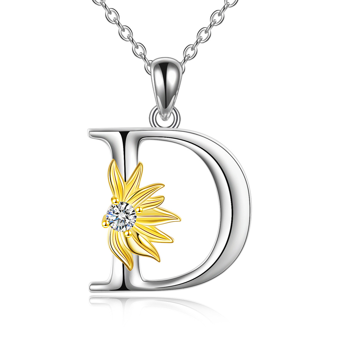 Sterling Silver Two-tone Circular Shaped Cubic Zirconia & Personalized Initial Letter Sunflower Pendant Necklace with Initial Letter D-1