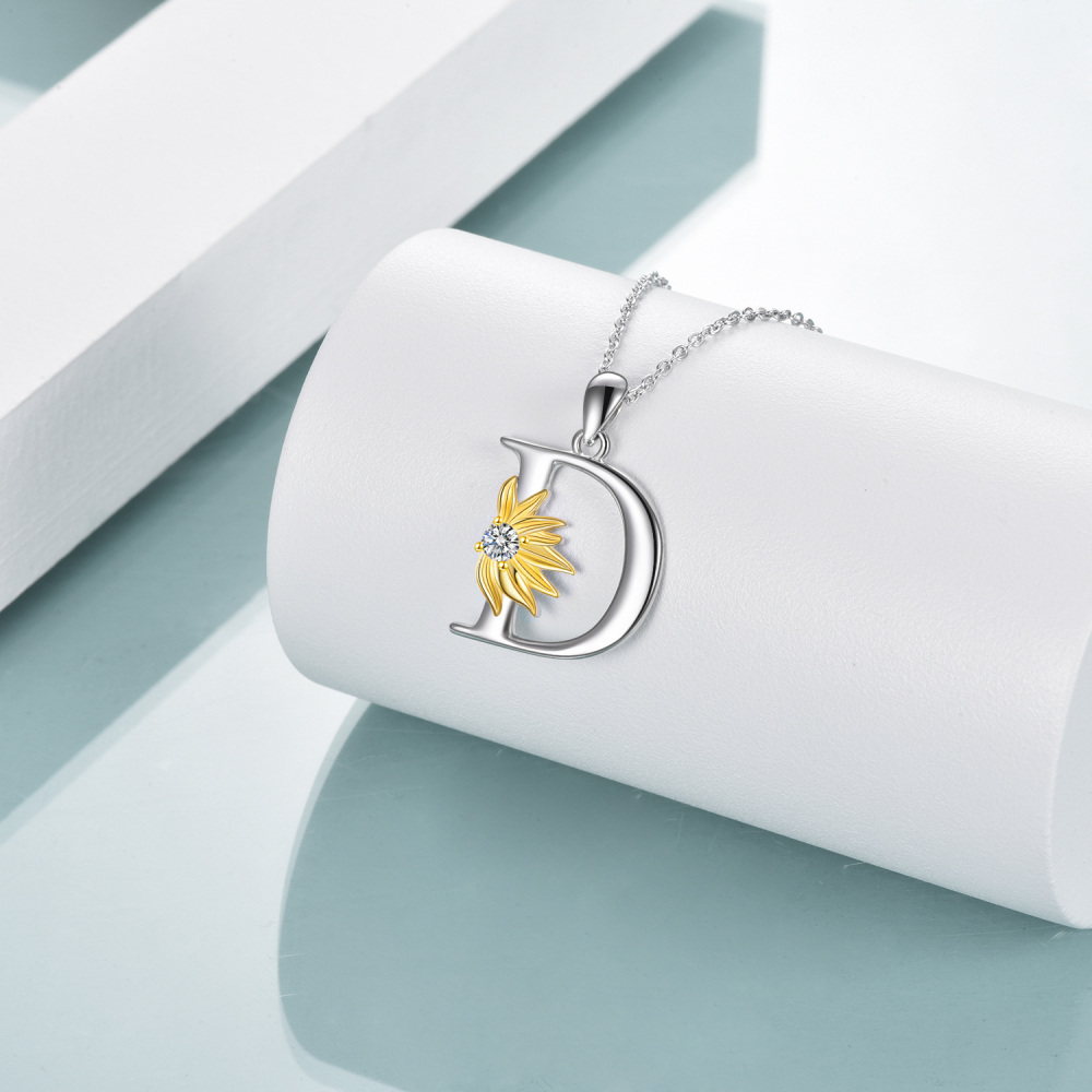Sterling Silver Two-Tone Circular Cubic Zirconia Personalized Initial Letter D Sunflower Pendant Necklace For Women-3