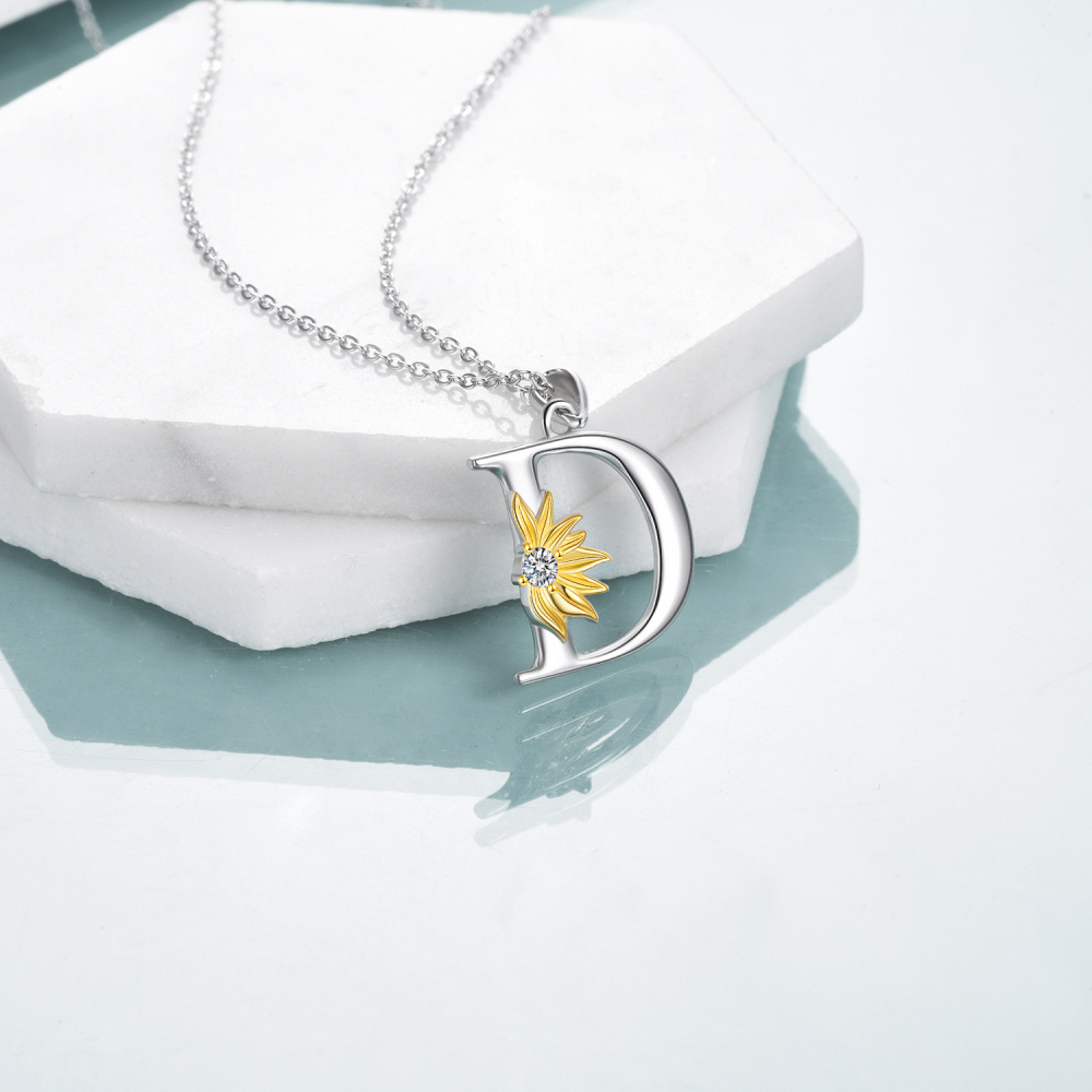 Sterling Silver Two-Tone Circular Cubic Zirconia Personalized Initial Letter D Sunflower Pendant Necklace For Women-4