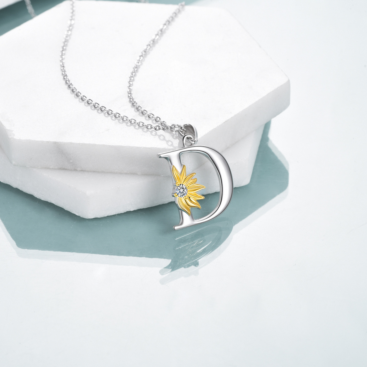 Sterling Silver Two-tone Circular Shaped Cubic Zirconia & Personalized Initial Letter Sunflower Pendant Necklace with Initial Letter D-4