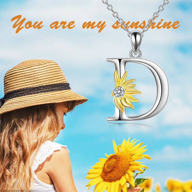 Sterling Silver Two-tone Circular Shaped Cubic Zirconia & Personalized Initial Letter Sunflower Pendant Necklace with Initial Letter D-6