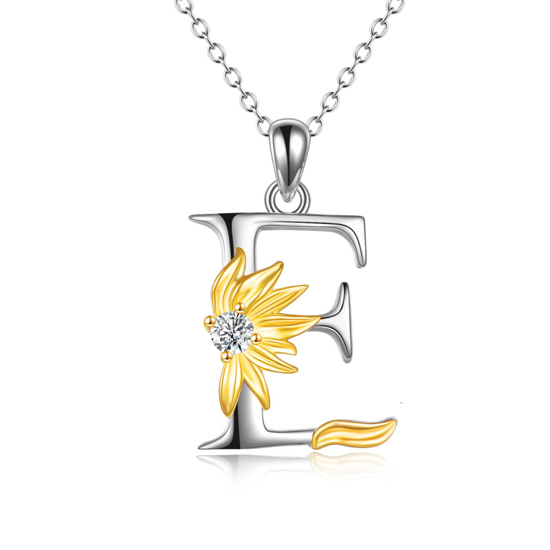 Sterling Silver Two-Tone Circular Cubic Zirconia Personalized Initial Letter E Sunflower Pendant Necklace For Women-1