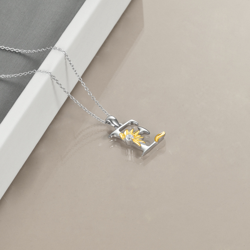 Sterling Silver Two-Tone Circular Cubic Zirconia Personalized Initial Letter E Sunflower Pendant Necklace For Women-3