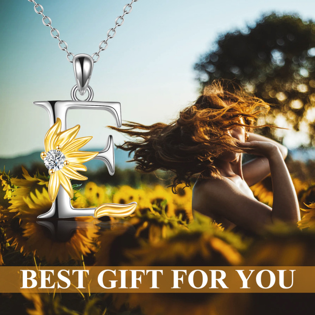 Sterling Silver Two-tone Circular Shaped Cubic Zirconia & Personalized Initial Letter Sunflower Pendant Necklace with Initial Letter E-6