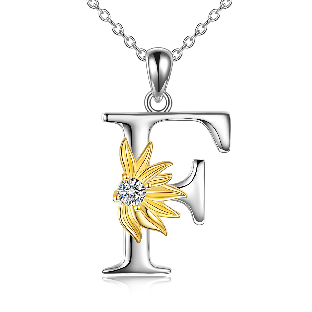 Sterling Silver Two-tone Circular Shaped Cubic Zirconia & Personalized Initial Letter Sunflower Pendant Necklace with Initial Letter F-1