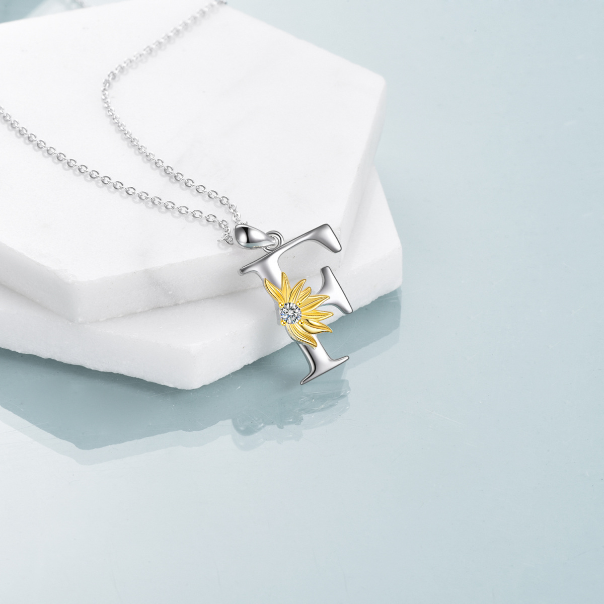 Sterling Silver Two-tone Circular Shaped Cubic Zirconia & Personalized Initial Letter Sunflower Pendant Necklace with Initial Letter F-4