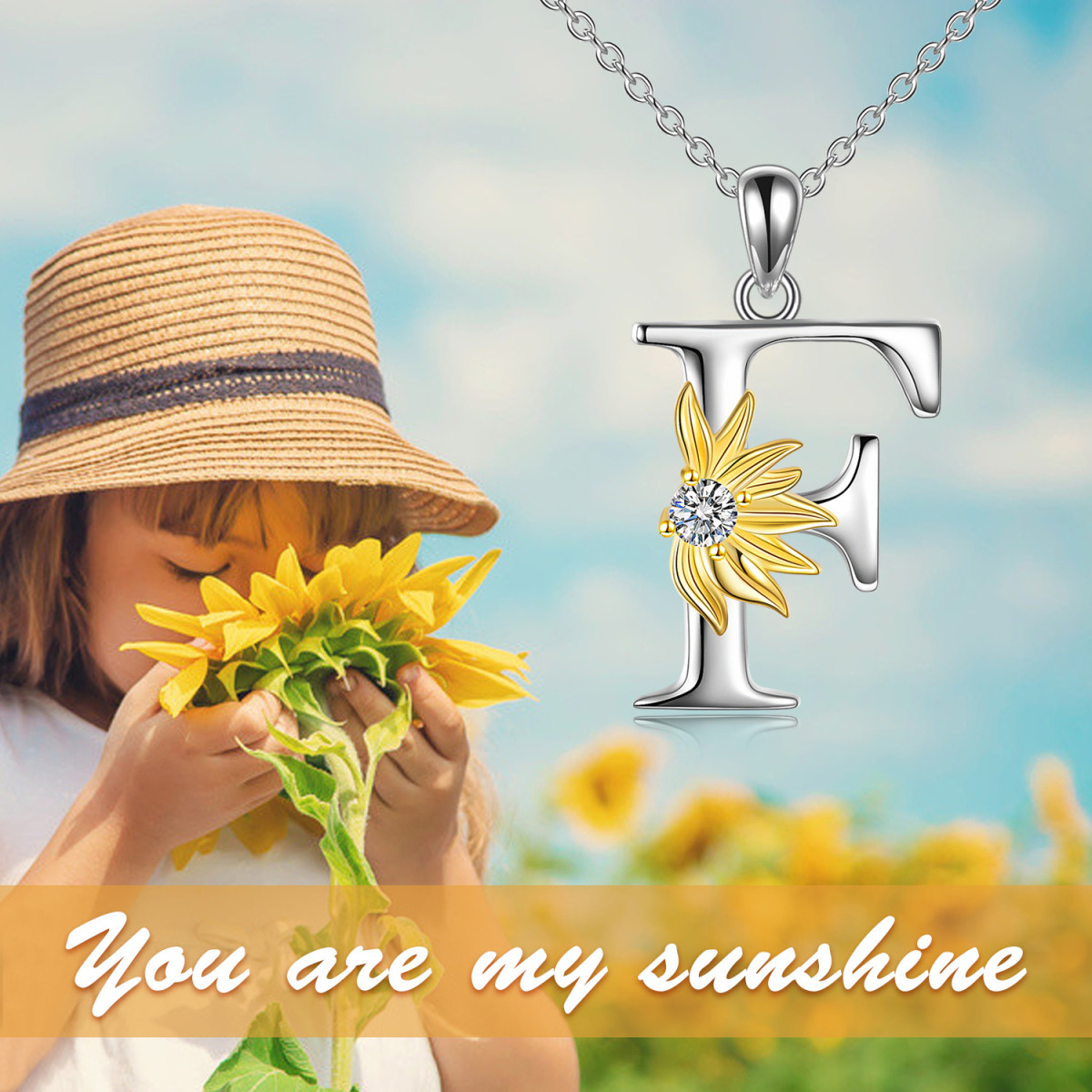 Sterling Silver Two-tone Circular Shaped Cubic Zirconia & Personalized Initial Letter Sunflower Pendant Necklace with Initial Letter F-6