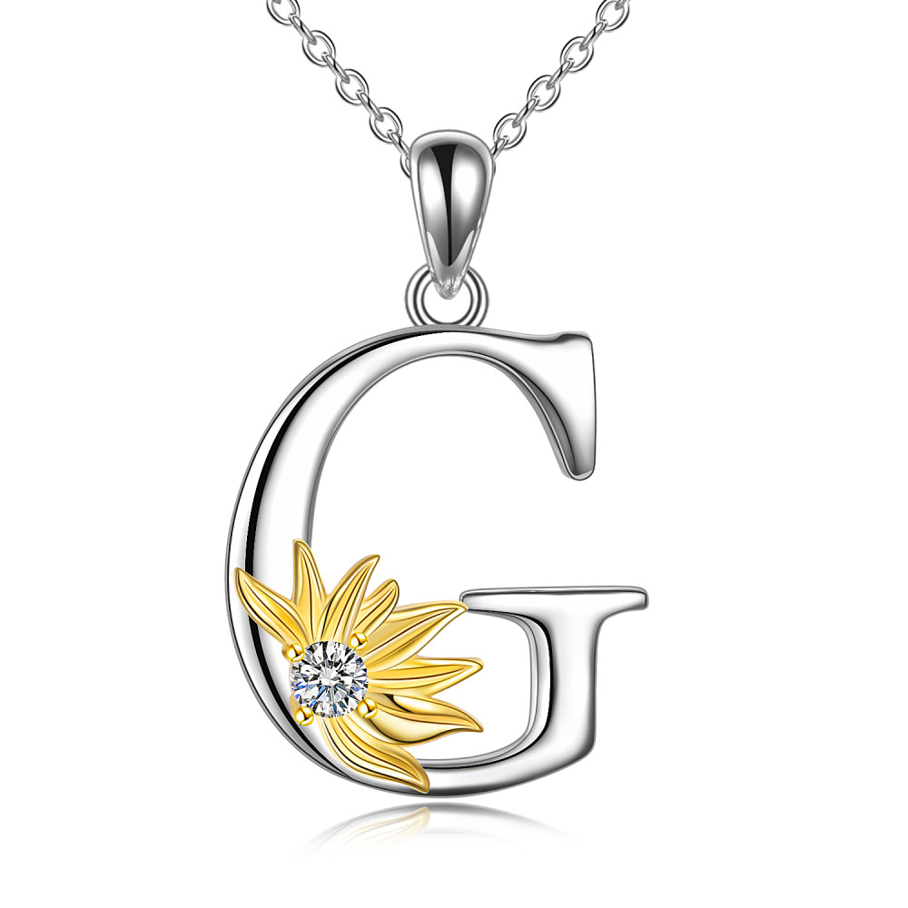 Sterling Silver Two-Tone Circular Cubic Zirconia Personalized Initial Letter G Sunflower Pendant Necklace For Women-1